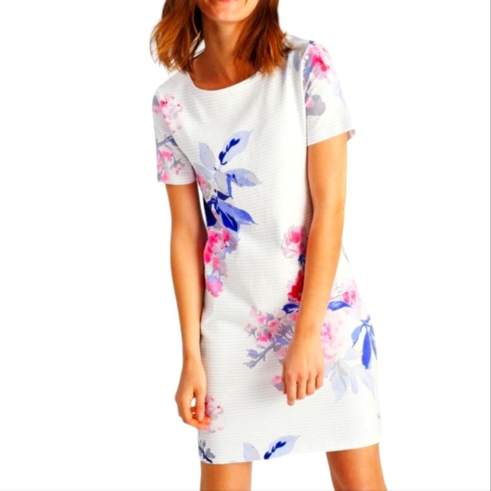 JOULES Dress Riviera Beau Stripe Floral Cotton Short T-Shirt Pink Purple White M